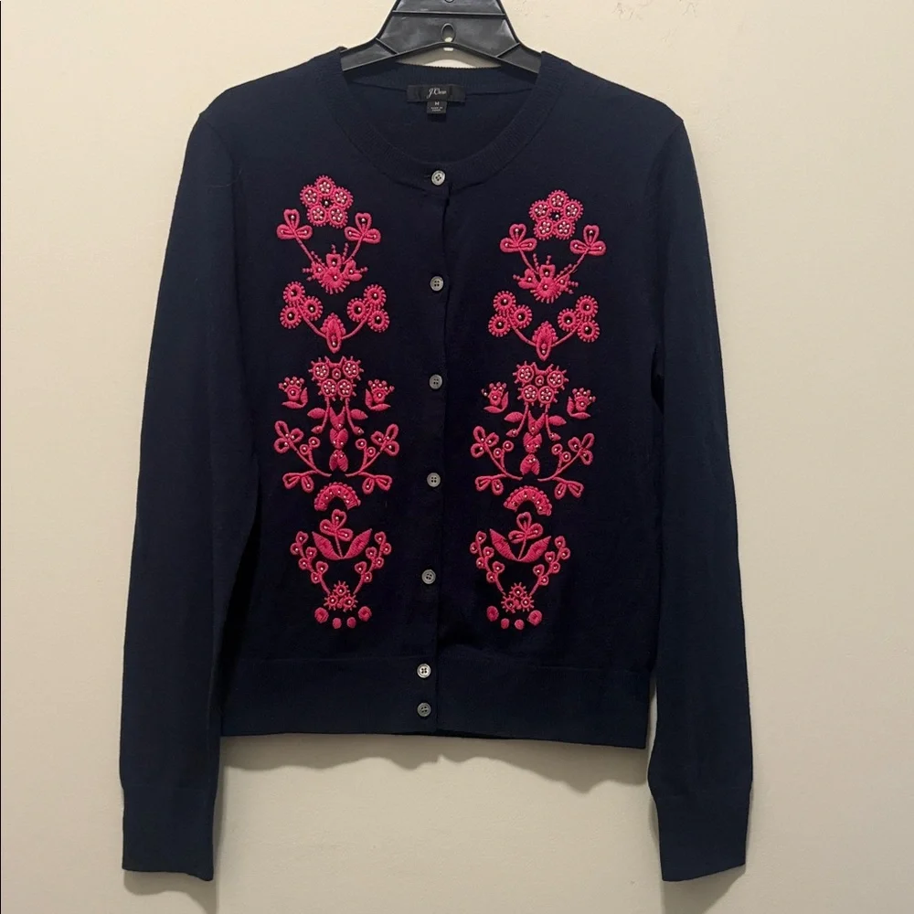 J. Crew Dark Blue Cardigan with Vibrant Pink Detailing - Picture 3 of 9